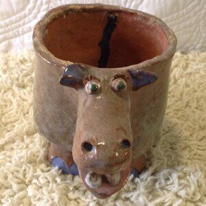 VTG Handmade Authentic Folk Art Clay Planter/Vessel; Hippo, Whimsy, Folkie, Cute